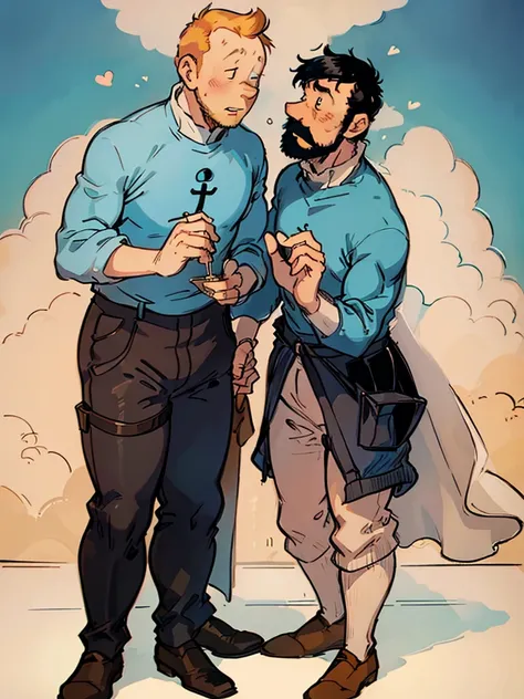 the wedding of tintin and captain haddock from hergé's comics in delicate pastel colors.  both men.  tintin is slightly shorter ...