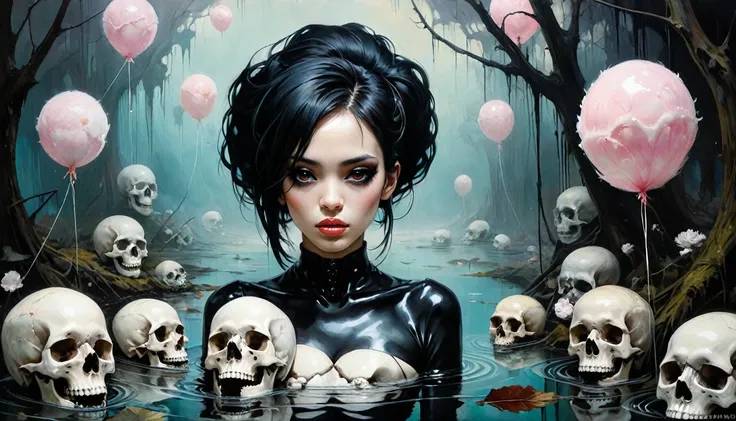 spiderwebs, skulls, wallpaper, there is ugliness in beauty, but there is also beauty in ugliness. desolate, abstract, surrealistic, cotton candy, swamp, funeral, futuristic,in the style of adrian ghenie, esao andrews, jenny saville, edward hopper, surreali...