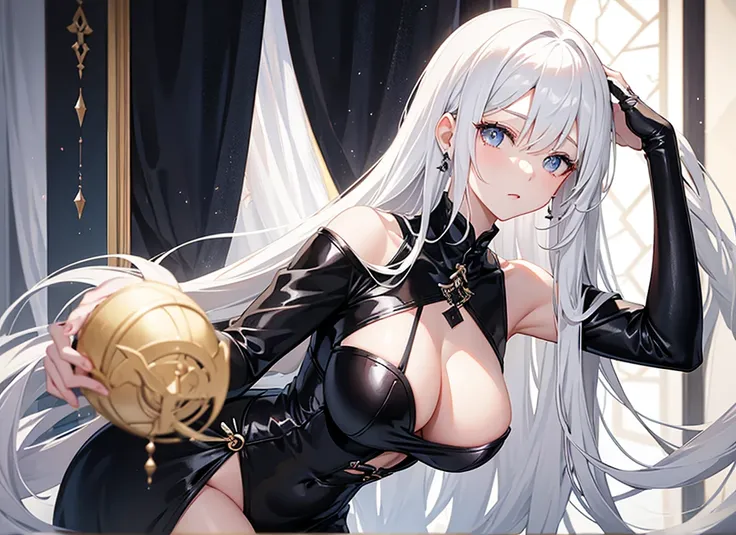 White Hair、Luxurious and sexy black clothing、whole body、Large Breasts