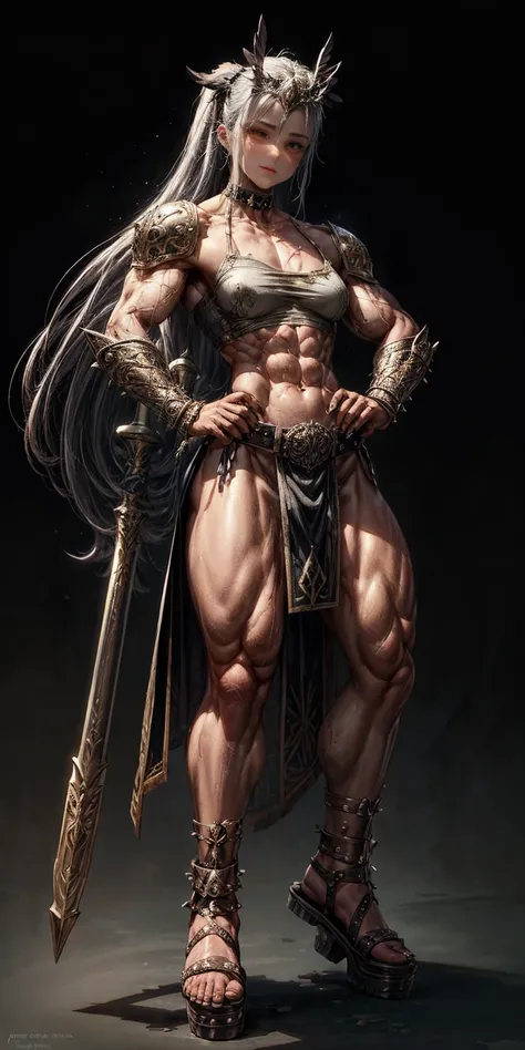 Subject: 1 Solo Female Gladiator Pose: Full body, whole body Standing tall, hands on hips (conveying confidence) Feet together, conveying a strong stance View from slightly below, emphasizing her power Clothing and Armor: Loincloth (detailed and well-craft...