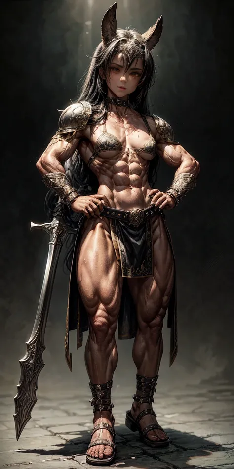 Subject: 1 Solo Female Gladiator Pose: Full body, whole body Standing tall, hands on hips (conveying confidence) Feet together, conveying a strong stance View from slightly below, emphasizing her power Clothing and Armor: Loincloth (detailed and well-craft...