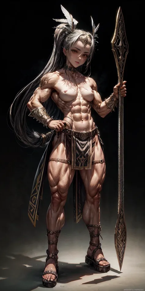 Subject: 1 Solo Female Gladiator Pose: Full body, whole body Standing tall, hands on hips (conveying confidence) Feet together, conveying a strong stance View from slightly below, emphasizing her power Clothing and Armor: Loincloth (detailed and well-craft...