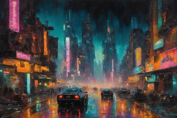 ((masterpiece, best quality)),beautiful colors, sharp contrast,oil painting, vintage,crackled paint,
painting of a ((cyberpunk c...