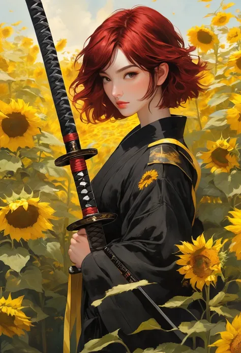 a 20 year old woman , short black and red hair holding a katana with yellow ribbon and sunflower details.  He&#39;s wearing a red tank top with black cargo pants