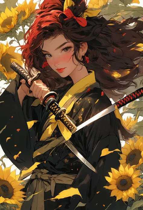 a 20 year old woman , short black and red hair holding a katana with yellow ribbon and sunflower details.  He&#39;s wearing a red tank top with black cargo pants