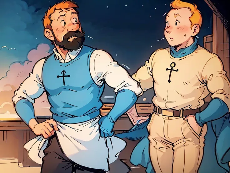 the wedding of tintin and captain haddock from hergé's comics in delicate pastel colors.  both men.  tintin is slightly shorter ...