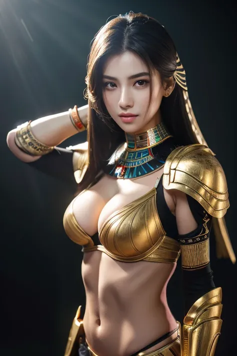 8K,非常にbig胸を持つEgyptian women戦士,so beautiful(Like the real thing),黒い非常にbig胸部装甲,Realistic Skin,Luxury black pants,big, Long black spear,Red and white tattoos all over the body(Big body),sexy,Muscular and slim body,Toned Abs,black shoulder pad,Black waist armo...