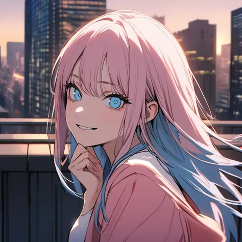 1 pretty girl in chainsaw man style, long hair, light pink hair and blue hair tips,light blue eyes, white blouse, pink jaket (flat breasts),hand on chin, face tilted to the side, Grinning, gazing at viewer, city as background 