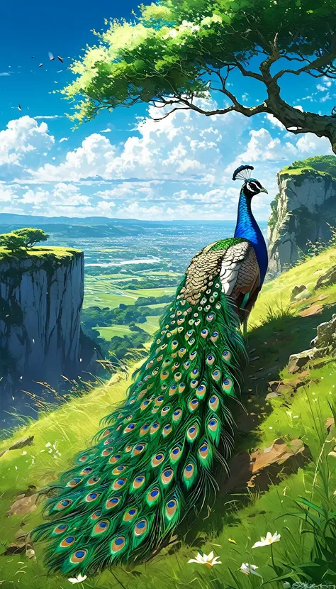 a peacock sitting under a tree near a cliff in a meadow , seeing a vast blue sky with fluffy clouds and brush strokes , tall gra...