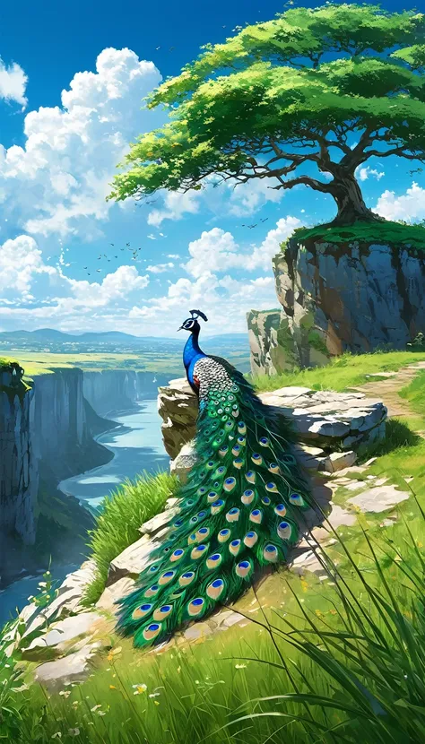 a peacock sitting under a tree near a cliff in a meadow , seeing a vast blue sky with fluffy clouds and brush strokes , tall gra...