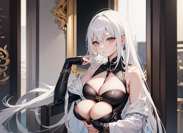 White Hair、Luxurious and sexy black clothing、whole body、Large Breasts、One girl