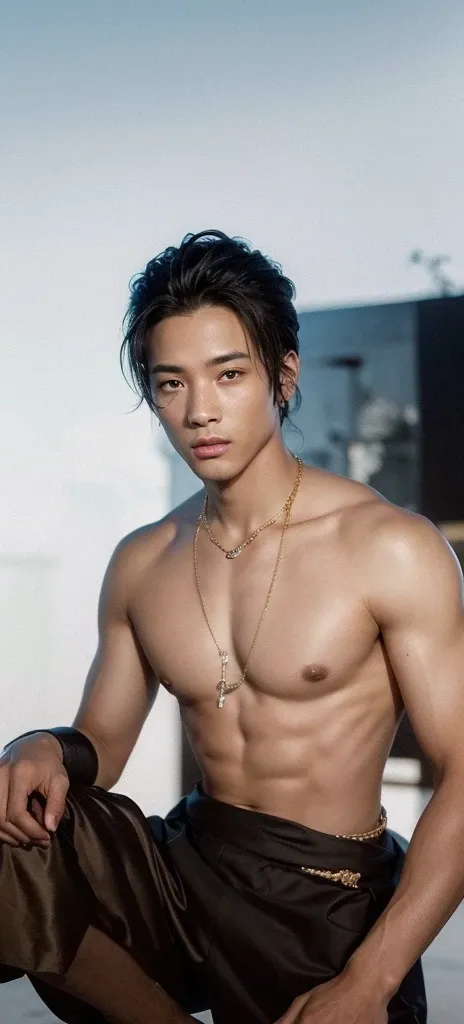 A teenage boy with mixed Arab-Korean heritage, 17 years old, posing with confidence and charm. His flawless, hyper-realistic face is a blend of Will Smith (0.5) and Sal Mieno (0.5), with big pointy nipples and ultrarealistic macho features like puffy areol...