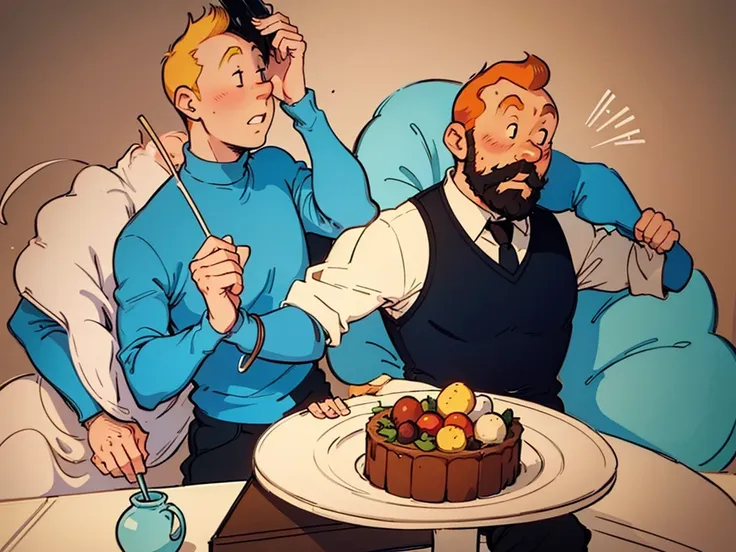 the wedding of tintin and captain haddock from hergé's comics in delicate pastel colors.  both men.  tintin is slightly shorter ...