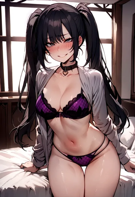 masterpiece, best quality 1girl, solo, beautiful woman, bangs, black hair, long hair, twin-tails, dark grey eyes, deep blush, grin, medium breasts, black dog collar with a hart shape, purple lappered patterned  bra, purple lappered patterned panties, looki...