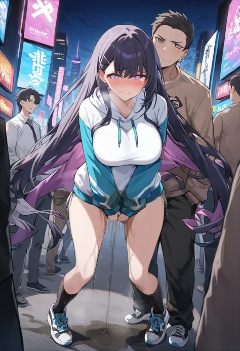 (1girl:1.5), (1boy:1.5), (masterpiece:1.37), best quality, (extremely detailed:1.37), woman, adult, mature, large breasts, (very long hair:1.5), dark purple hair, purple eyes, (extremely detailed eyes:1.37), white hoodie, multicolored hoodie, light blue ho...