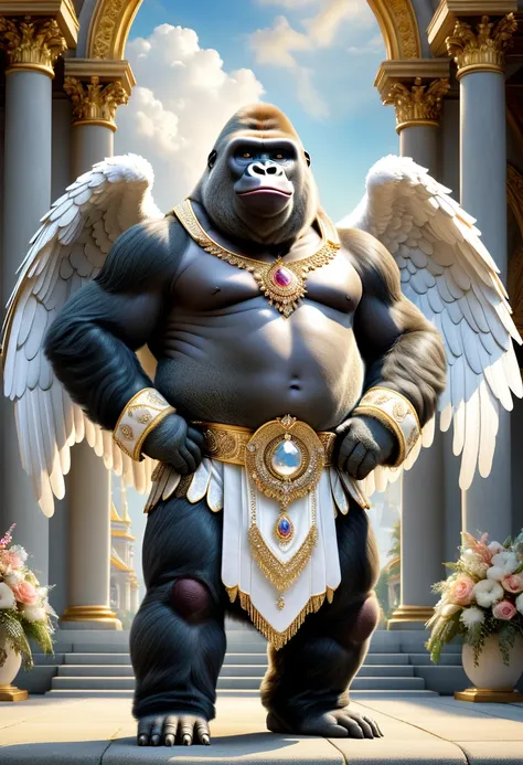  photorealistic portrait of Dressed animals-a ((fat)) ((gorilla)) angel,(furry), (elegant pose:1.5), (hands on hips:1.5),(smile:1.5),high quality,(angel wings),(lovely) ,intricate details, Wearing angel clothes , (angels ring above head), highly detailed (...