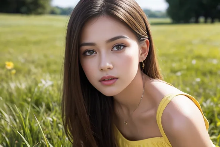 photoRealistic,Realistic, alone, photoRealistic, Highest quality, Ultra-high resolution, One girl,, , Blonde hair in a ponytail, Wearing a yellow sundress, A gentle breeze blowing through the grass,, , One girl,, beautiful, masterpiece, Highest quality, Hi...