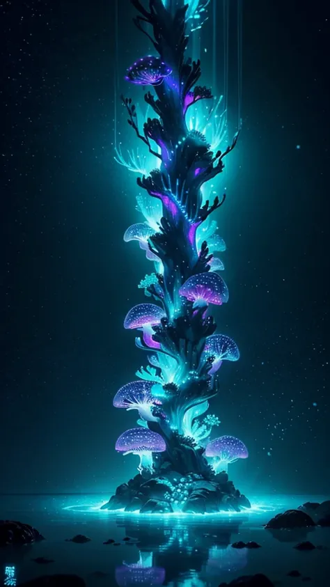 Bioluminescence, Underwater, Vibrant colors, Bioluminescent organisms, Glowing plants, Deep Sea Creatures, Flashing Light, Fascinating light, phosphorescence, Magical atmosphere, Dark Abyss, Ethereal Surrealism, Underwater ecosystem, Luminescent plankton, ...