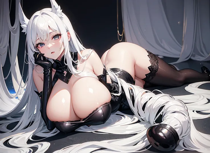 White Hair、Luxurious and sexy black clothing、whole body、Large Breasts、A girl lying down