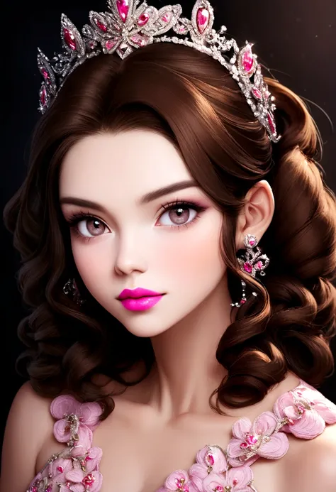 Arafed woman with pink lipstick and tiara, Beauty-Retusche, Stylized portrait of beauty, glamorous hairstyle, Redahair and attractive features, Professional retouching, beautiful portrait photo, beautiful female model, breathtaking beauty, Glamour hairstyl...