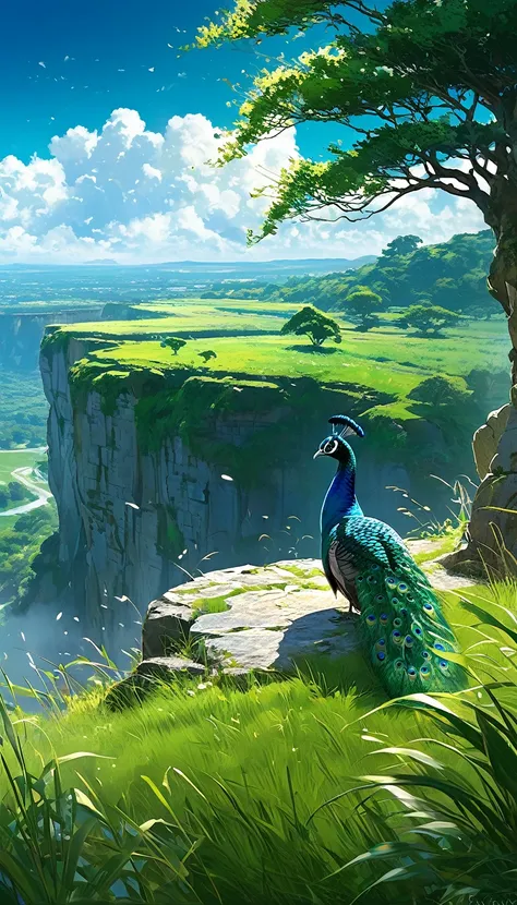 a peacock sitting under a tree near a cliff in a meadow , seeing a vast blue sky with fluffy clouds and brush strokes , tall gra...