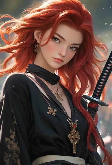 A 16-year-old girl has red hair and black tips , has a katana , wears a necklace with photos and another cross necklace. wears formal clothes but not too much