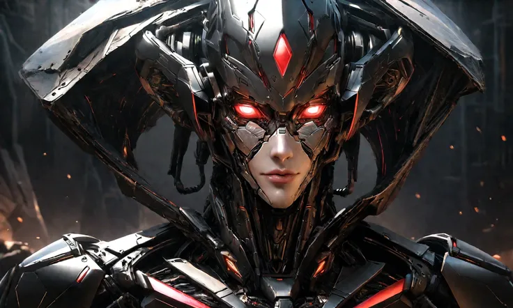 Sharpened man in black and red metallic armor with hood, detailed portrait of a cyborg, close-up portrait of cyborg, portrait of a futuristic robot, male cyborg military commander, attractive science fiction face, masculine appearance, portrait of cyborg, ...