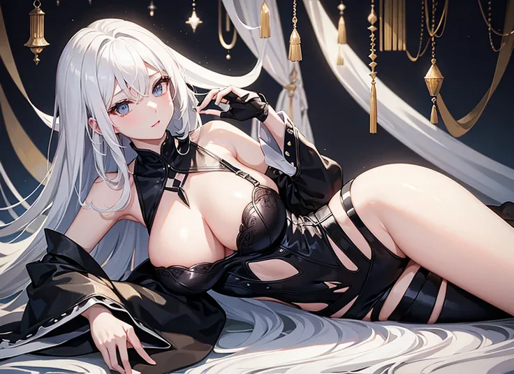 White Hair、Luxurious and sexy black clothing、whole body、Large Breasts、A girl lying down