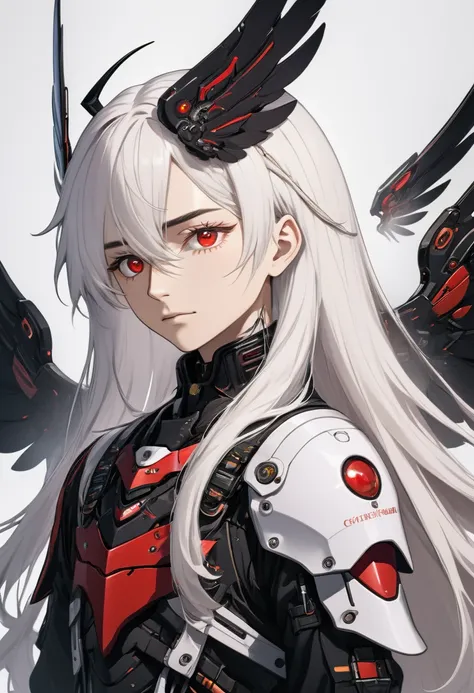 Straight Long Hair　White Hair　He has mechanical wings on his back.　cyborg　The mechanical parts of the neck are exposed.　The mechanical parts are black、There are red and white wires　The face is normal　Wearing black combat uniform　Thin eyebrows　I am sitting ...