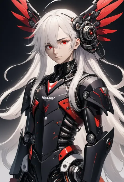 straight long hair　white hair　he has mechanical wings on his back.　cyborg　the mechanical parts of the neck are exposed.　the mech...