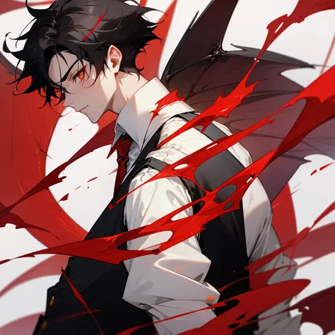 Black vest, white shirt, golden eyes, red makeup, short black hair, young man, red bat wings, spider lily