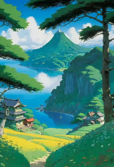 Practical, for real, Beautiful and stunning landscape oil painting Hayao Miyazaki Studio Ghibli&#39;Petal grassland with blue sky and white clouds