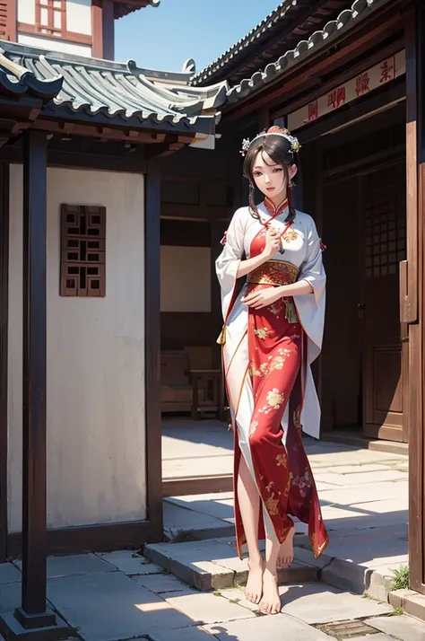 A rich girl from the Tang Dynasty standing in the courtyard。Dressed in silk，barefoot。