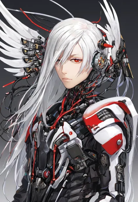 Straight Long Hair　White Hair　He has mechanical wings on his back.　cyborg　The mechanical parts of the neck are exposed.　The mechanical parts are black、There are red and white wires　The face is normal　Wearing black combat uniform　Thin eyebrows　I am sitting ...