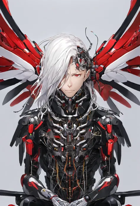 straight long hair　white hair　he has mechanical wings on his back.　cyborg　the mechanical parts of the neck are exposed.　the mech...