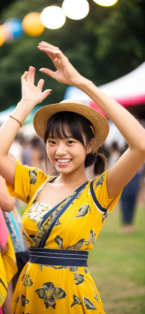 A woman wearing a yellow floral yukata having fun at a summer festival in the evening