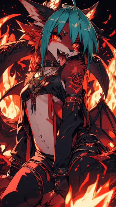 miku hatsune, add high definition_detail:1, blue fur,kitsune ears, tribal tattoo add_detail:1, in hell add_detail, diabolic girl...