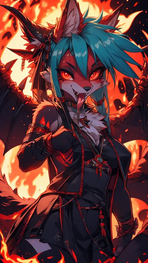 Miku Hatsune, add high definition_detail:1, blue fur,kitsune ears, tribal tattoo add_detail:1, in hell add_detail, diabolic girl, batwigns add_detail Ferocious fangs, sharp fangs, Demon yokai kitsune, long snake tongue add_detail:1, sucubo girl add_detail:...