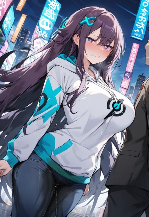 (1girl:1.5), (1boy:1.5), (masterpiece:1.37), best quality, (extremely detailed:1.37), woman, adult, mature, large breasts, (very long hair:1.5), dark purple hair, purple eyes, (extremely detailed eyes:1.37), white hoodie, multicolored hoodie, light blue ho...