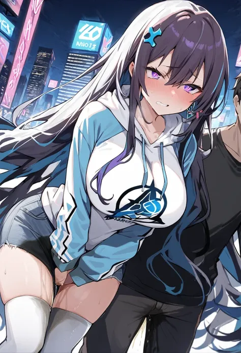 (1girl:1.5), (1boy:1.5), (masterpiece:1.37), best quality, (extremely detailed:1.37), woman, adult, mature, large breasts, (very long hair:1.5), dark purple hair, purple eyes, (extremely detailed eyes:1.37), white hoodie, multicolored hoodie, light blue ho...