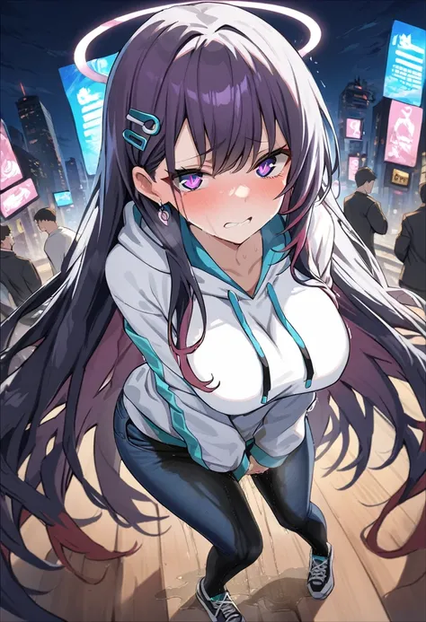 (1girl:1.5), (1boy:1.5), (masterpiece:1.37), best quality, (extremely detailed:1.37), woman, adult, mature, large breasts, (very long hair:1.5), dark purple hair, purple eyes, (extremely detailed eyes:1.37), white hoodie, multicolored hoodie, light blue ho...