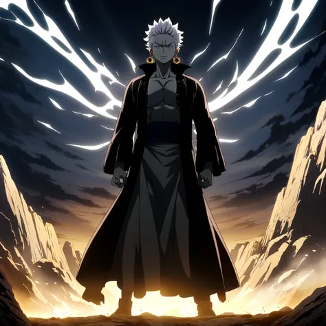 Male, gray skin, lean and defined body, long gray hair shaved on the left side, gray eye, sun-shaped earring, black robe with sun symbol on the front, "Anime design inspired by One Piece, filled with dramatic and impressive lighting, infused with creative ...