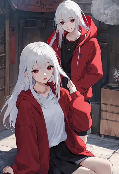 Wings on your back、White shirt、Red hoodie、White Hair、Black Skirt、A  vampire girl with a single stray hair