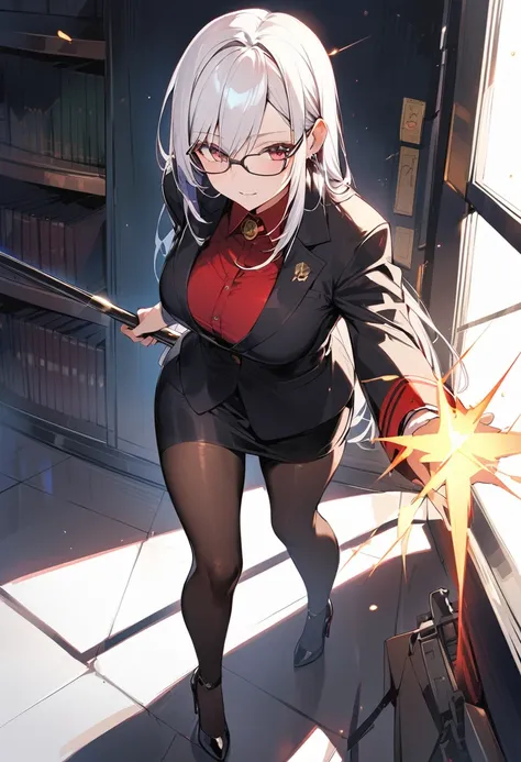 Domineering female president，Slim，White hair，长White hair，in office，full-body shot，Black pantyhose，High heel，wear glasses，Long Law，High target，Wearing a black suit，Short skirt