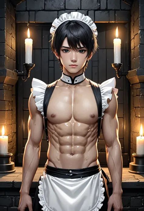 high quality, detailed, Realistic, (19 years old japanese idol maid boy), (detailed black eyes), (black short hair), (abs), (shiny skin), dungeon, (apron, head dress), (tiny thongs), (bulge:1.2), candle, (detailed nipples), detailed areola,