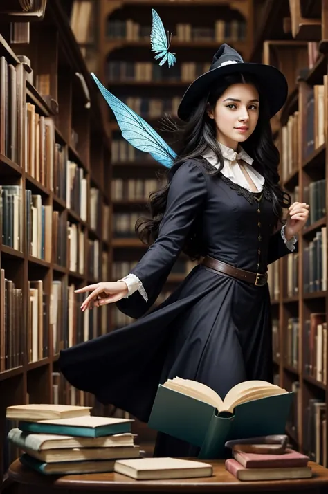 A young woman witch with dark hair fluttering in the wind stands in the library books are flying fairy-tale world