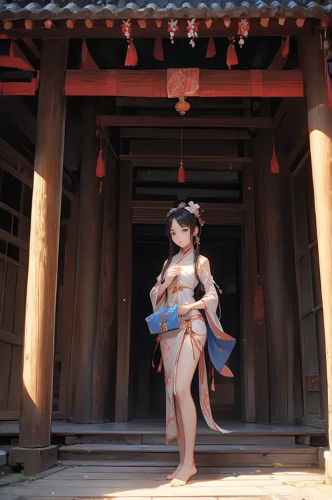 A rich girl from the Tang Dynasty standing in the courtyard。Dressed in silk，barefoot