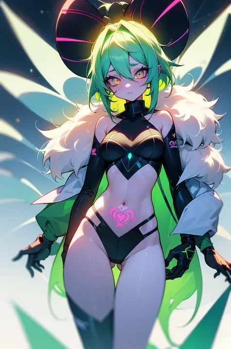 Rabbit technique , sci-fy, Fluffy , 1girll, Tattoos, Glowing tattoos, Glowing eyes, Colorful glowing hair , （full bodyesbian）, Green hair,Open navel Kavitek, Pastel colors, kawaii, cutecolors,
