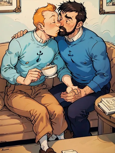 Tintin and Captain Haddock are in the room with the piano.  Haddock sits in a chair with Tintin sitting on his lap and they kiss tenderly.  Both men.  Haddock has black hair.  Everything is in pastel colors.