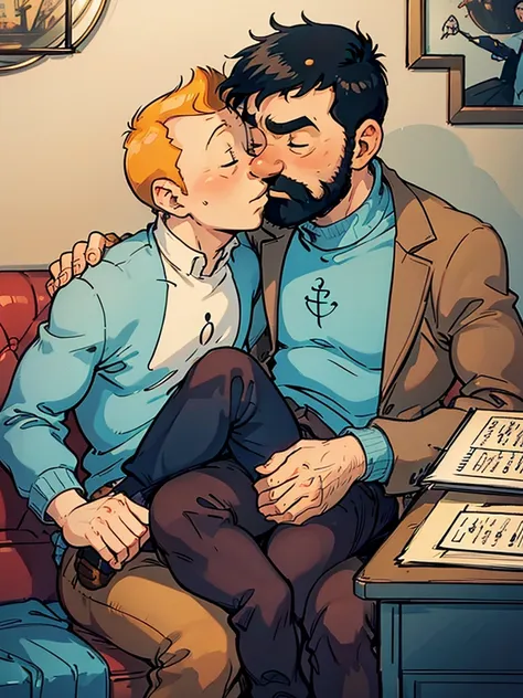 tintin and captain haddock are in the room with the piano.  haddock sits in a chair with tintin sitting on his lap and they kiss...